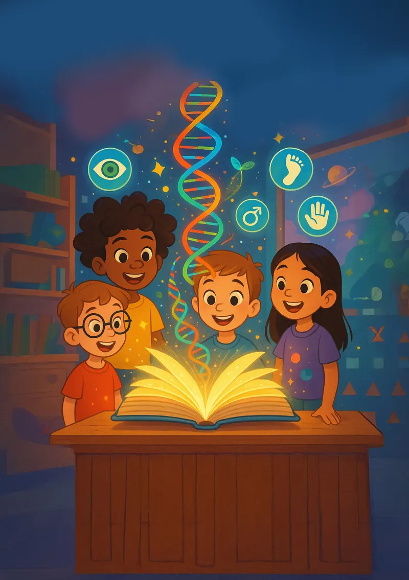 Illustration : des enfants découvrent un grand livre d’où sort une hélice d’ADN