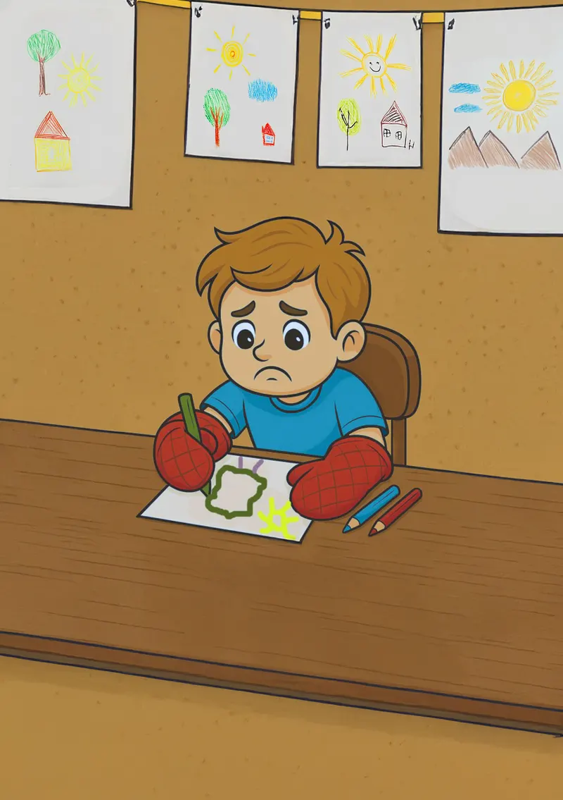 Illustration : un enfant essaie de colorier avec des moufles