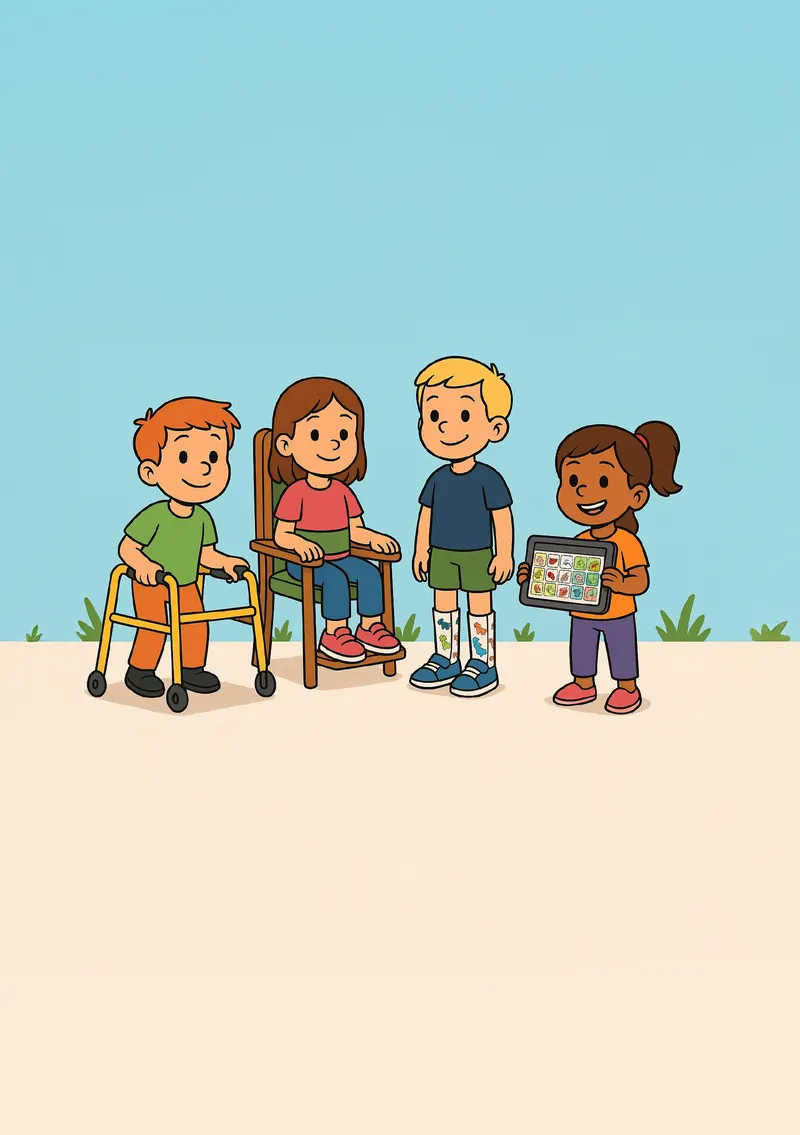 Illustration : des enfants avec différentes aides, dont une tablette de communication
